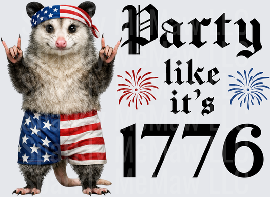 Patriotic Opossum Party Like It's 1776 Fourth of July Rock Hands UV DTF Decal