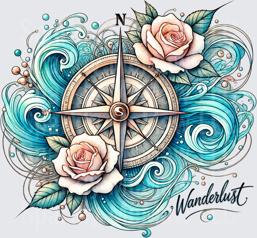 Wanderlust Compass Rose Waves DTF Transfer for Fabrics