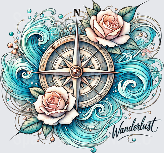 Wanderlust Compass Rose Waves DTF Transfer for Fabrics