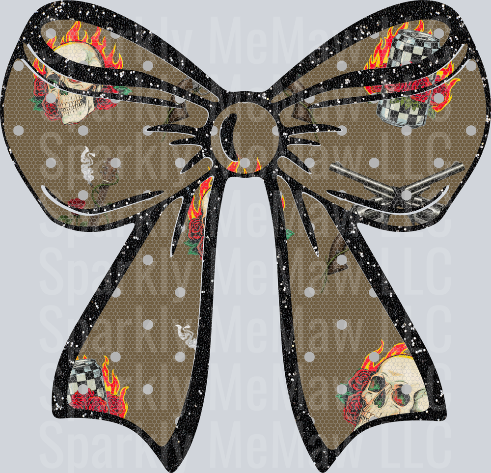Gothic Bow with Skulls Flames and Checkered Patterns UV DTF Decal