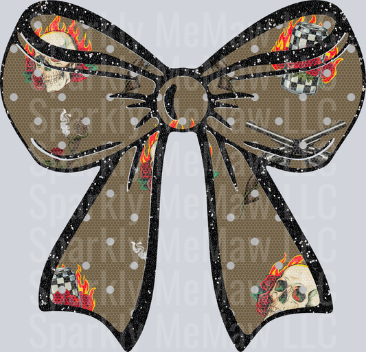 Gothic Bow with Skulls Flames and Checkered Patterns UV DTF Decal