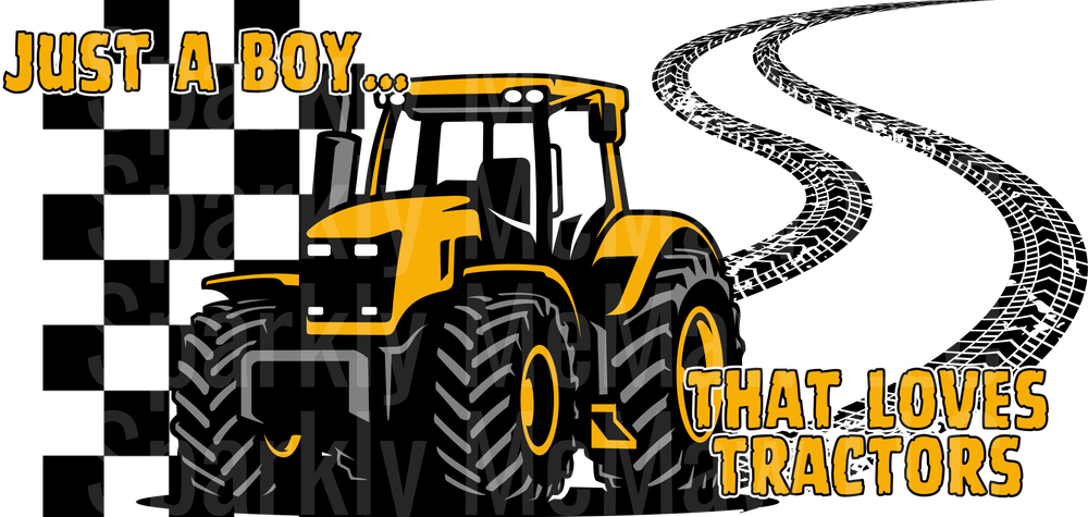 Just A Boy That Loves Tractors Yellow Farm Tractor with Tire Tracks UV DTF Decal
