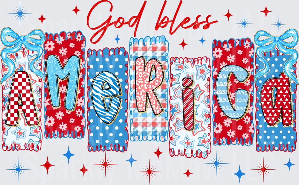 God Bless America Patriotic Patchwork Letters with Stars and Bows DTF Transfer for Fabric
