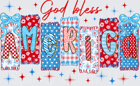 God Bless America Patriotic Patchwork Letters with Stars and Bows DTF Transfer for Fabric