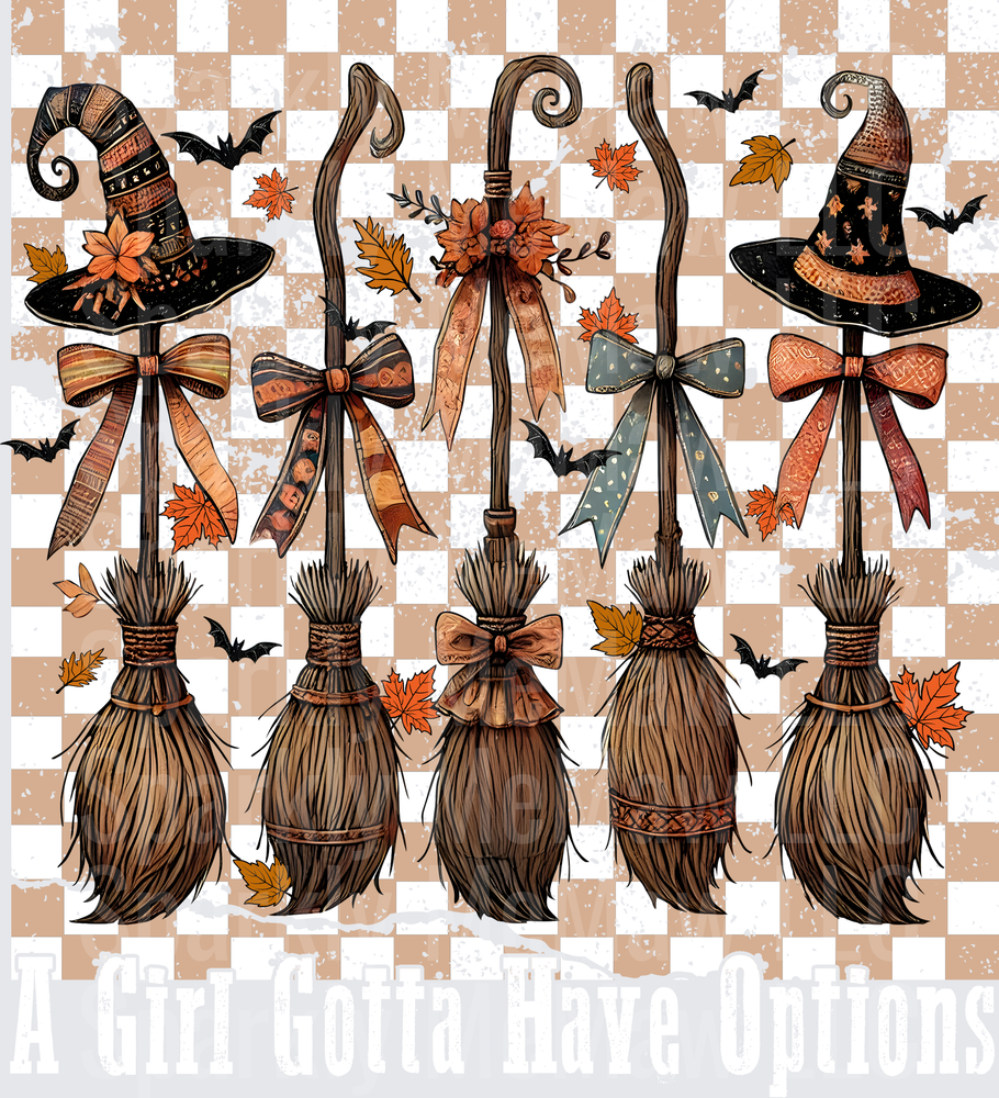 Autumn Halloween Witch Brooms with Pointed Hats and Fall Leaves DTF Transfer for Fabric