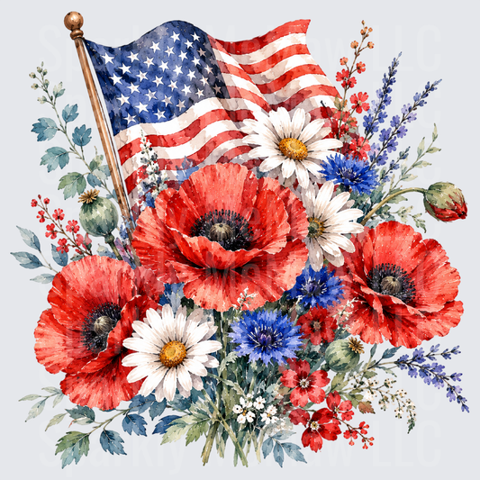 American Flag with Red Poppies White Daisies and Blue Wildflowers Patriotic Bouquet UV DTF Decal