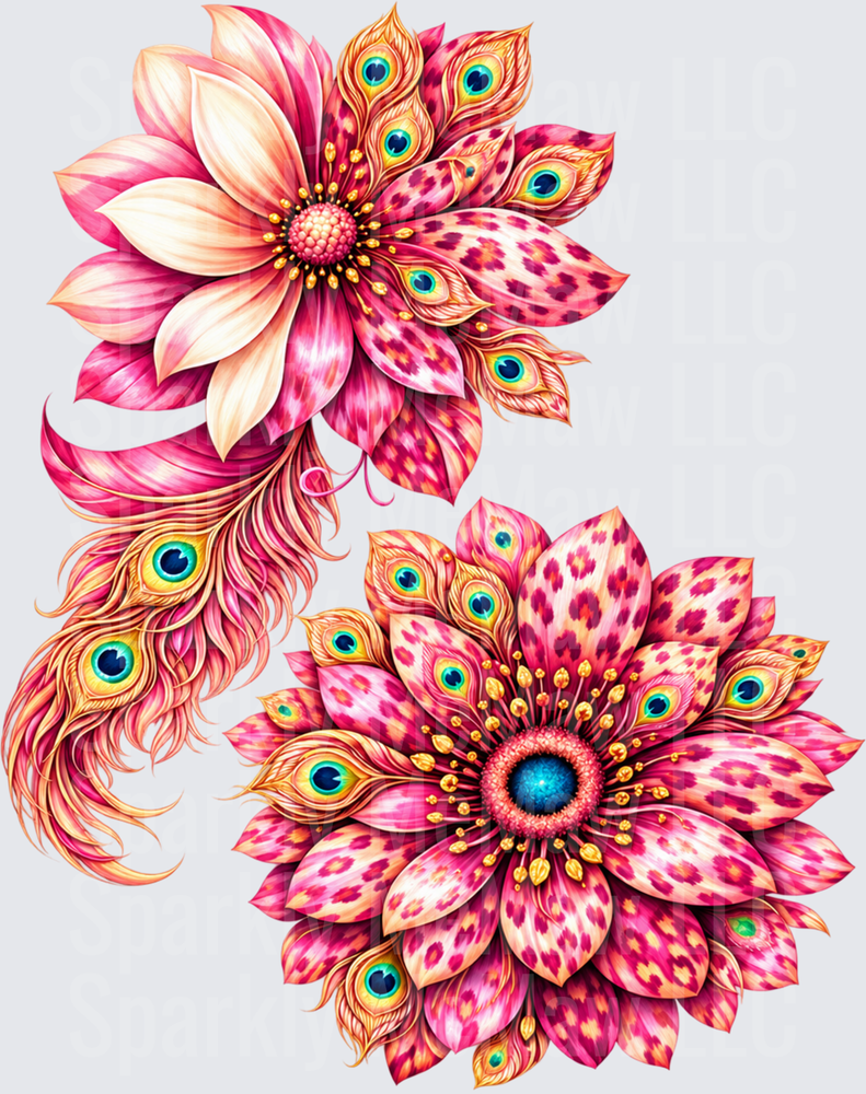 Pink Peacock Feather Flowers UV DTF Decal