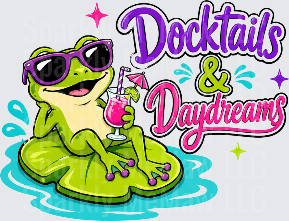 Docktails and Daydreams Frog with Sunglasses and Cocktail DTF Transfer for Fabric