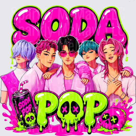 Soda Pop Anime K-Pop Boy Group Neon Pink Green Drip Skull Graphic DTF Transfer for fabrics