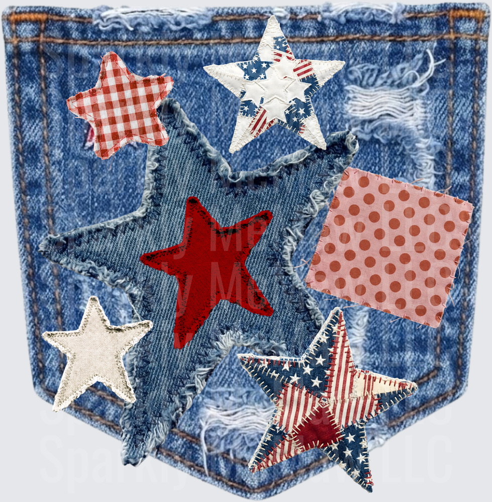 Patriotic Denim Pocket with Red White Blue Fabric Star Patches UV DTF Decal