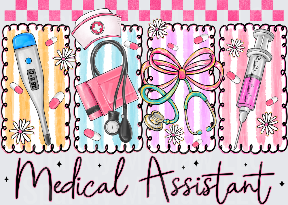 Medical Assistant DTF Transfer with Thermometer Stethoscope Nurse Cap and Syringe Design for Fabric