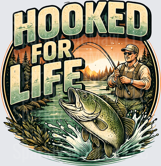 Hooked for Life Fisherman with Jumping Bass Vintage Circle Design