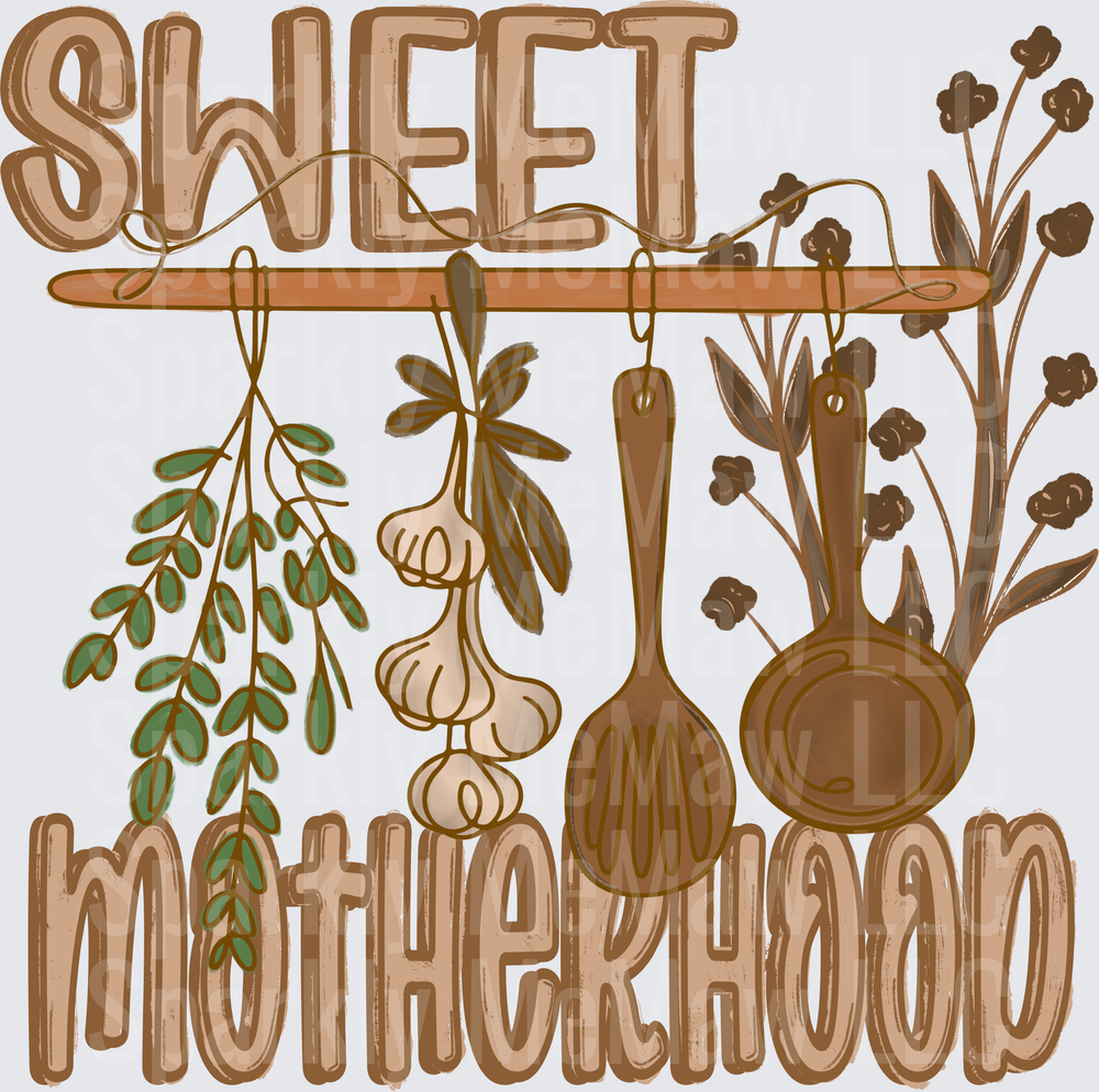 Sweet Motherhood Kitchen Rack with Hanging Garlic Herbs Wooden Spoon and Measuring Cup Boho Floral UV DTF Decal