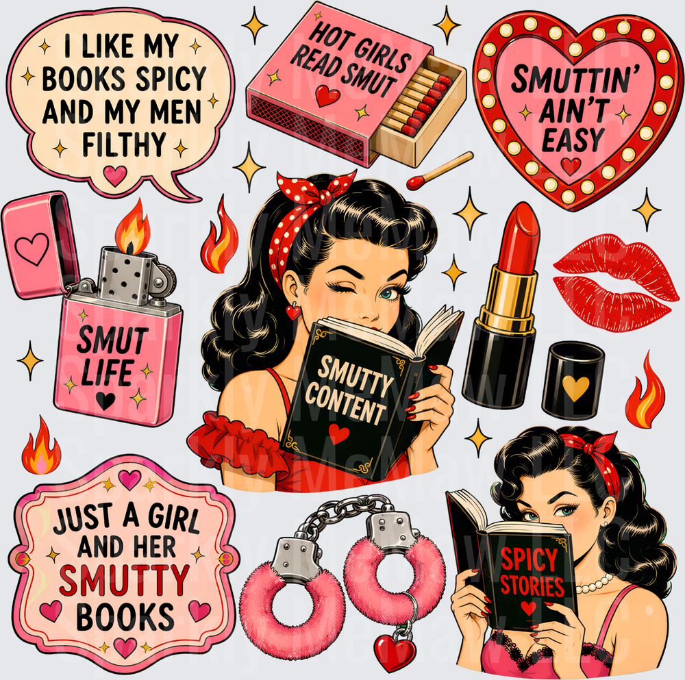 Spicy Book Reader Pin-Up Girl Smutty Books Retro Elements Sheet UV DTF 10x10 Element Sheet