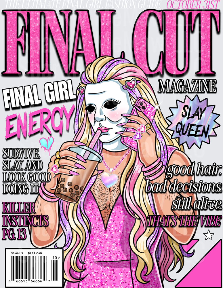 Final Cut Magazine Cover Halloween Skeleton Girl with Blonde Hair Drinking Boba Tea DTF Transfer