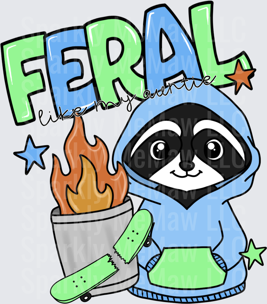 FERAL Sloth in Blue Hoodie with Trash Can Fire and Stars