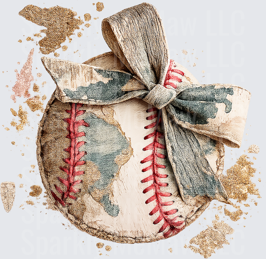 Vintage Baseball with Rustic Bow and Gold Splatter Effects UV DTF Decal