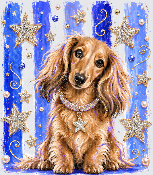 Glamorous Long-Haired Dachshund with Diamond Star Collar on Blue and White Striped Background with Gold Stars and Pearls DTF Transfer for Fabrics