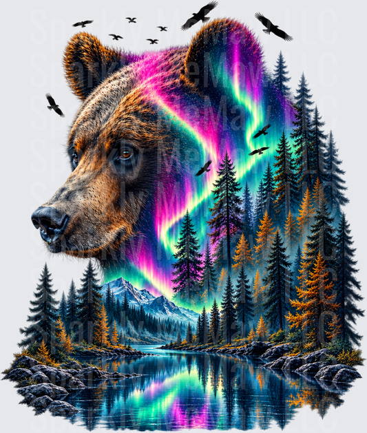 Grizzly Bear Aurora Borealis is a DTF Transfer for Fabrics