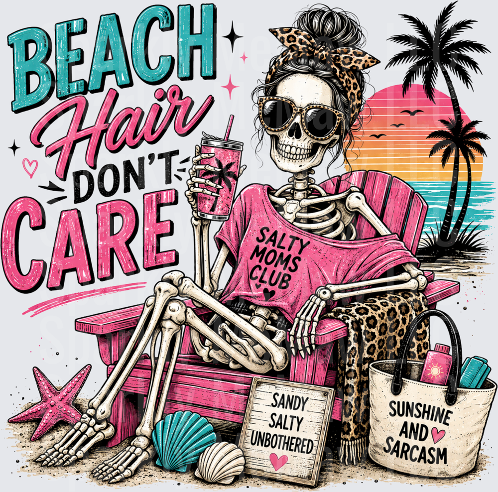 Beach Hair Don't Care Skeleton Mom in Leopard Print Headband with Sunglasses and Tropical Sunset Scene DTF Transfer