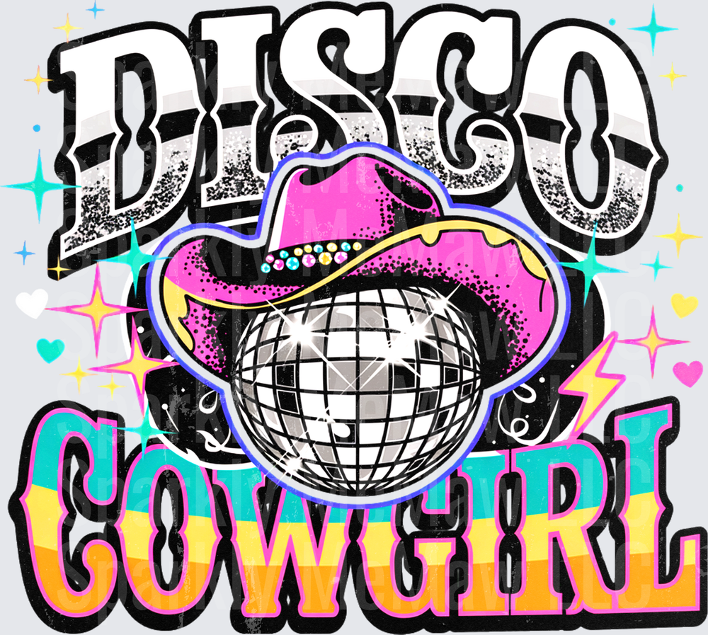 Disco Cowgirl UV DTF Decal with Pink Cowboy Hat Mirror Ball Retro Sparkle Lightning Bolt Colorful Western Design