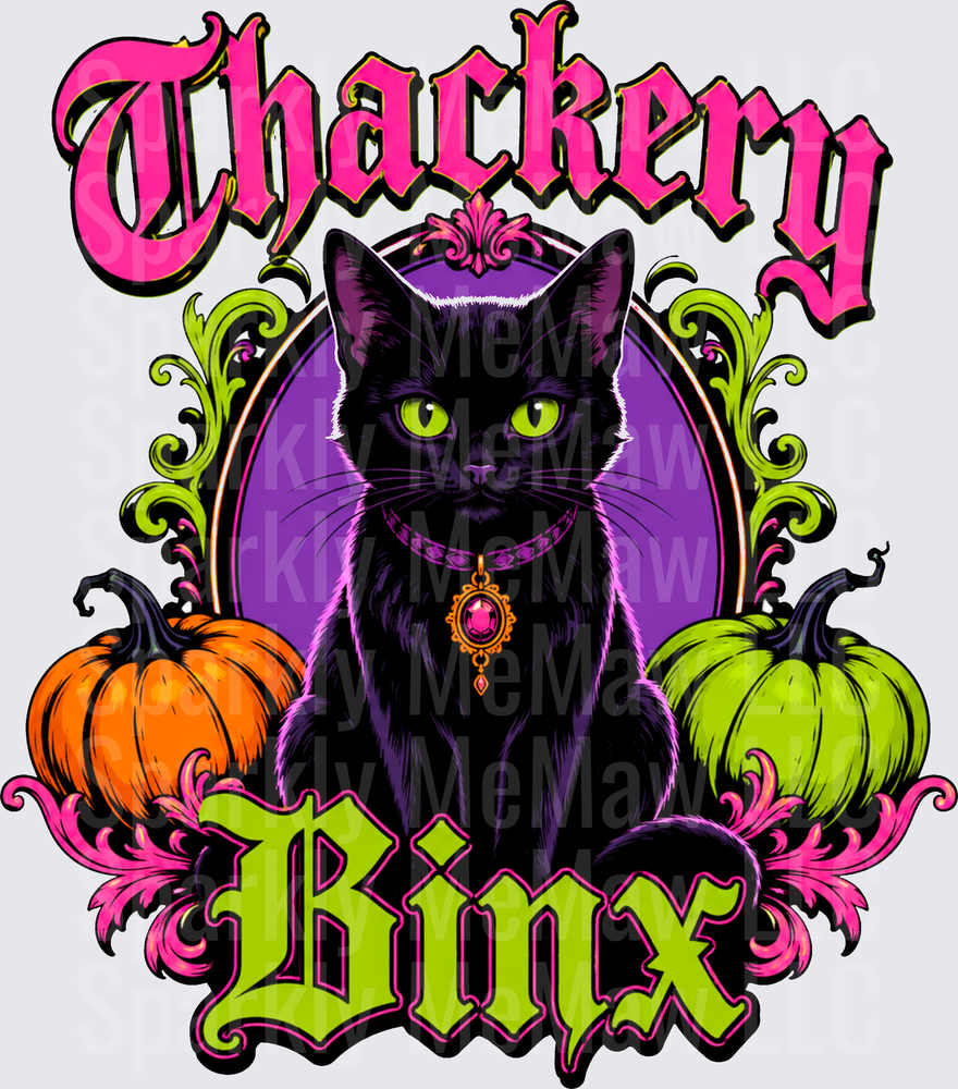 Thackery Binx Hocus Pocus Black Cat with Green Eyes Jeweled Collar Pumpkins Gothic Floral Frame UV DTF Decal