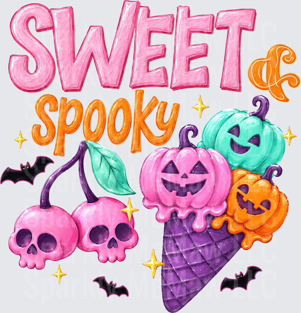 Sweet and Spooky Halloween Ice Cream Cone with Colorful Pumpkins and Skulls DTF Transfer for Fabric