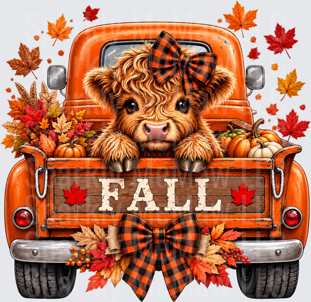 Cute Highland Cow Fall Truck UV DTF Decal