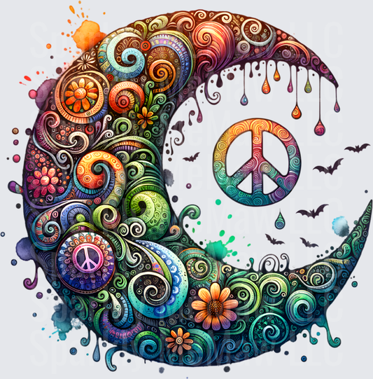 Psychedelic Yin Yang with Peace Signs Colorful Mandala Swirls and Flying Bats DTF Transfer for Fabric