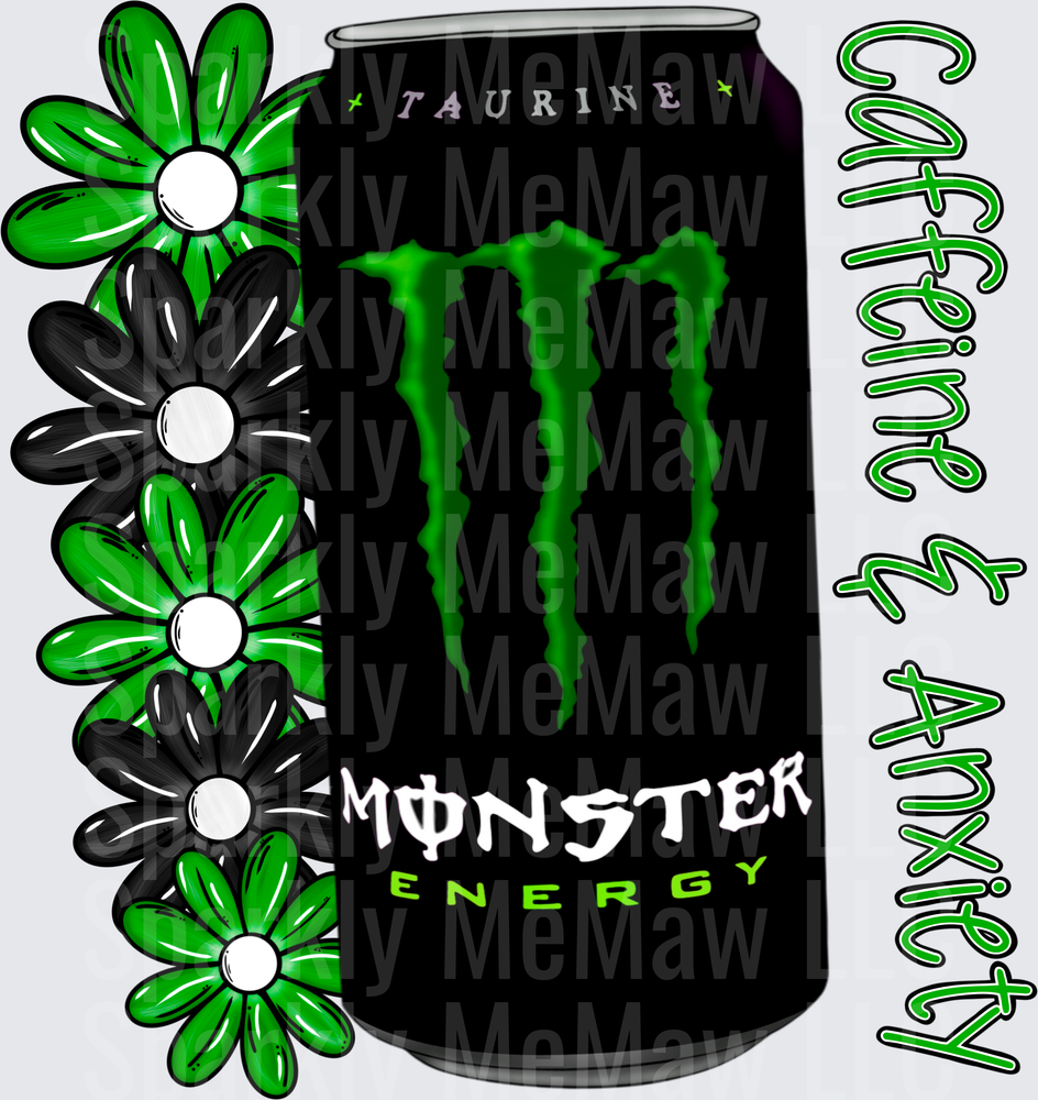 Monster Energy Can with Green and Black Daisy Flowers UV DTF Decal