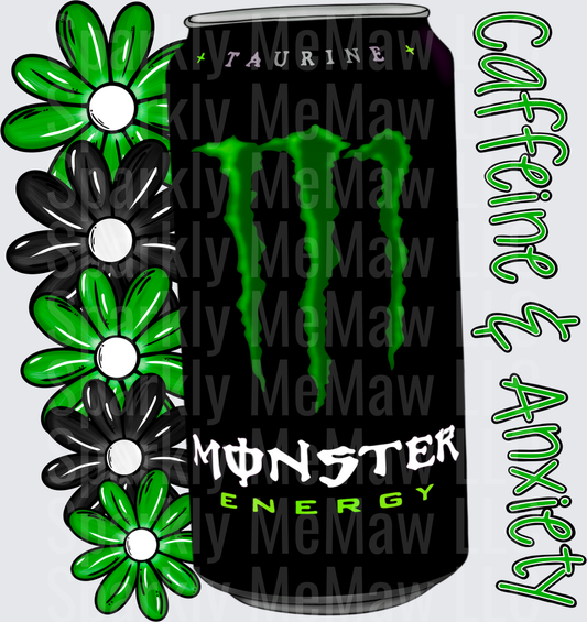 Monster Energy Can with Green and Black Daisy Flowers UV DTF Decal