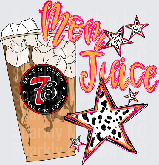 Mom Juice Seven Brew Iced Coffee Dalmatian Print Stars Pink Orange Script DTF Transfer for fabrics