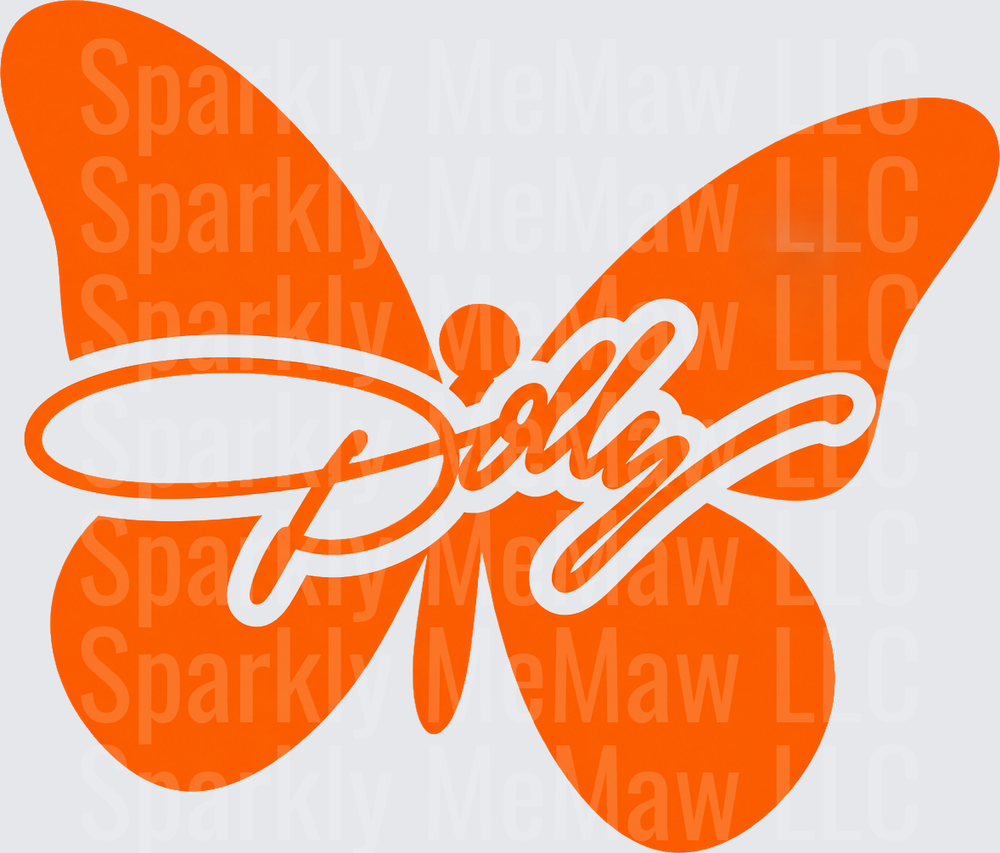 Dolly Butterfly Script Orange UV DTF Decal