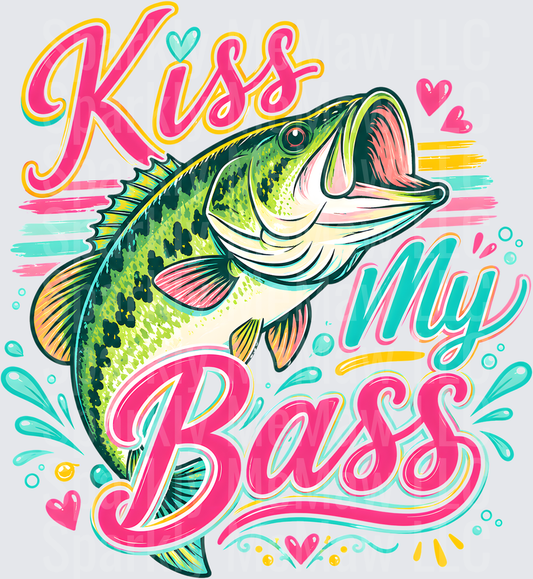 Kiss My Bass Fishing Pun with Largemouth Bass and Hearts UV DTF Decal