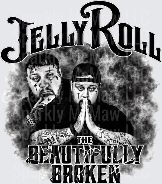Jelly Roll The Beautifully Broken Dual Portrait Smoke Black and White DTF Transfer for fabrics