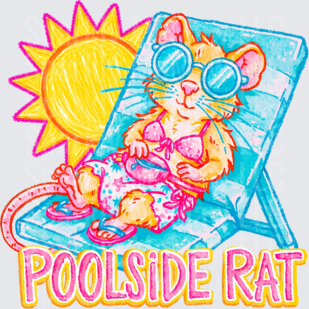 Poolside Rat Retro Summer Cat in Bikini Lounging on Beach Chair DTF Transfer