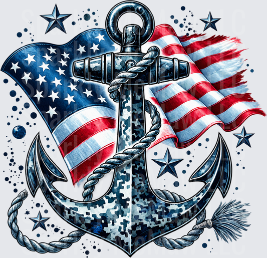 Navy Camo Anchor American Flag DTF Transfer for Fabrics