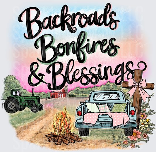 Backroads Bonfires and Blessings Country Farm Scene with Bonfire Vintage Truck Tractor and Wooden Cross DTF Transfer for Fabrics
