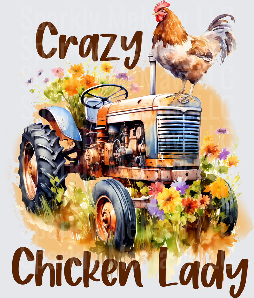 Crazy Chicken Lady Rooster on Vintage Tractor with Wildflowers UV DTF Decal