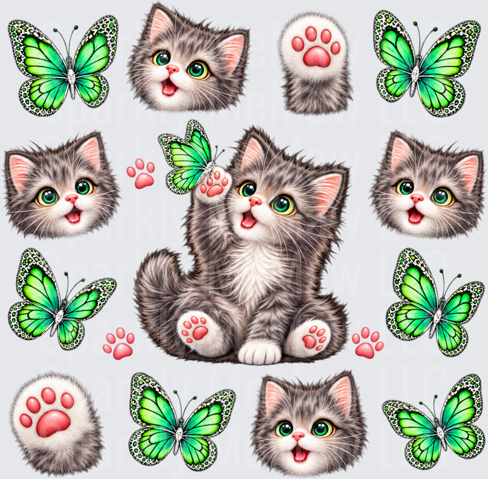 Cute Kitten Butterfly Gang Sheet This is a 10X10 UV DTF Full Sheet