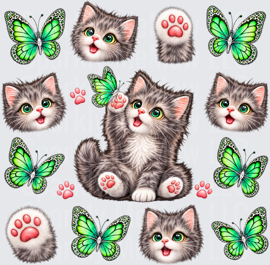 Cute Kitten Butterfly Gang Sheet This is a 10X10 UV DTF Full Sheet