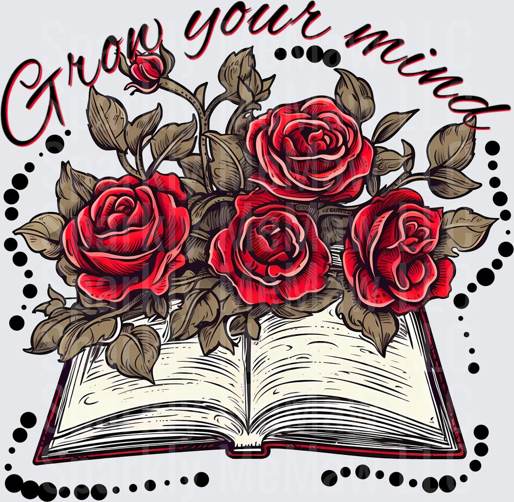 Grow Your Mind Open Book with Red Roses Motivational Quote UV DTF Decal