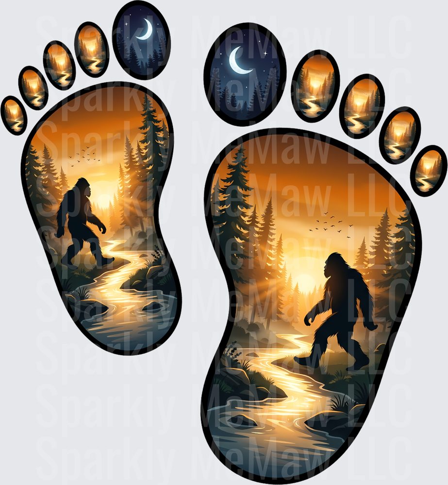 Bigfoot Sasquatch Forest Footprint Silhouette Sunset Scene UV DTF Decal