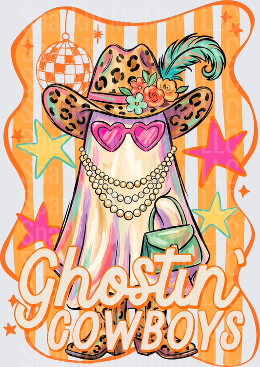 Ghostin Cowboys DTF Transfer for Fabric - Groovy Halloween Cowgirl Ghost with Leopard Hat Heart Sunglasses and Disco Ball