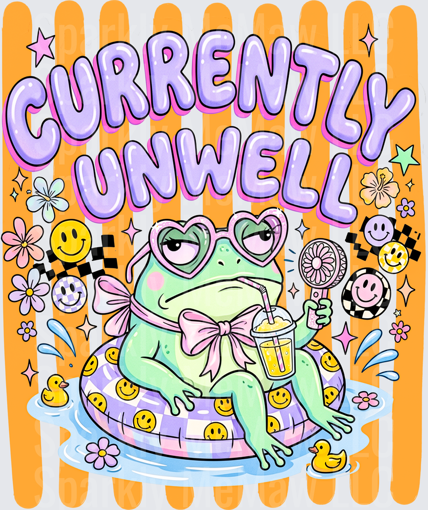 Currently Unwell Cute Frog With Heart Sunglasses Sitting In Smiley Face Pool Float Holding Drink And Fan DTF Transfer For Fabrics
