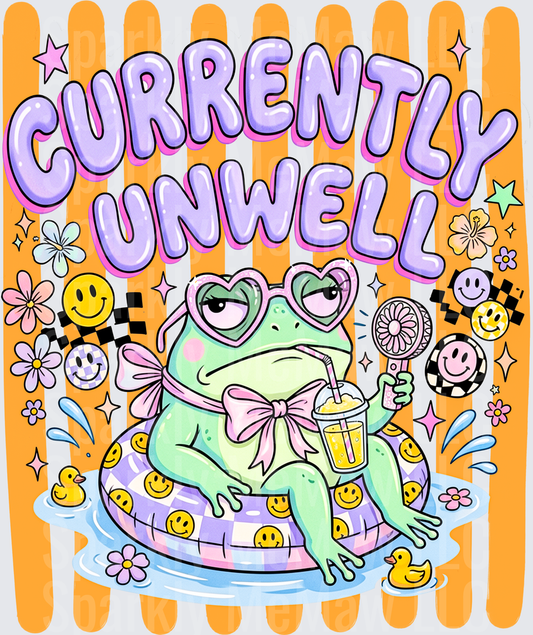 Currently Unwell Cute Frog With Heart Sunglasses Sitting In Smiley Face Pool Float Holding Drink And Fan DTF Transfer For Fabrics