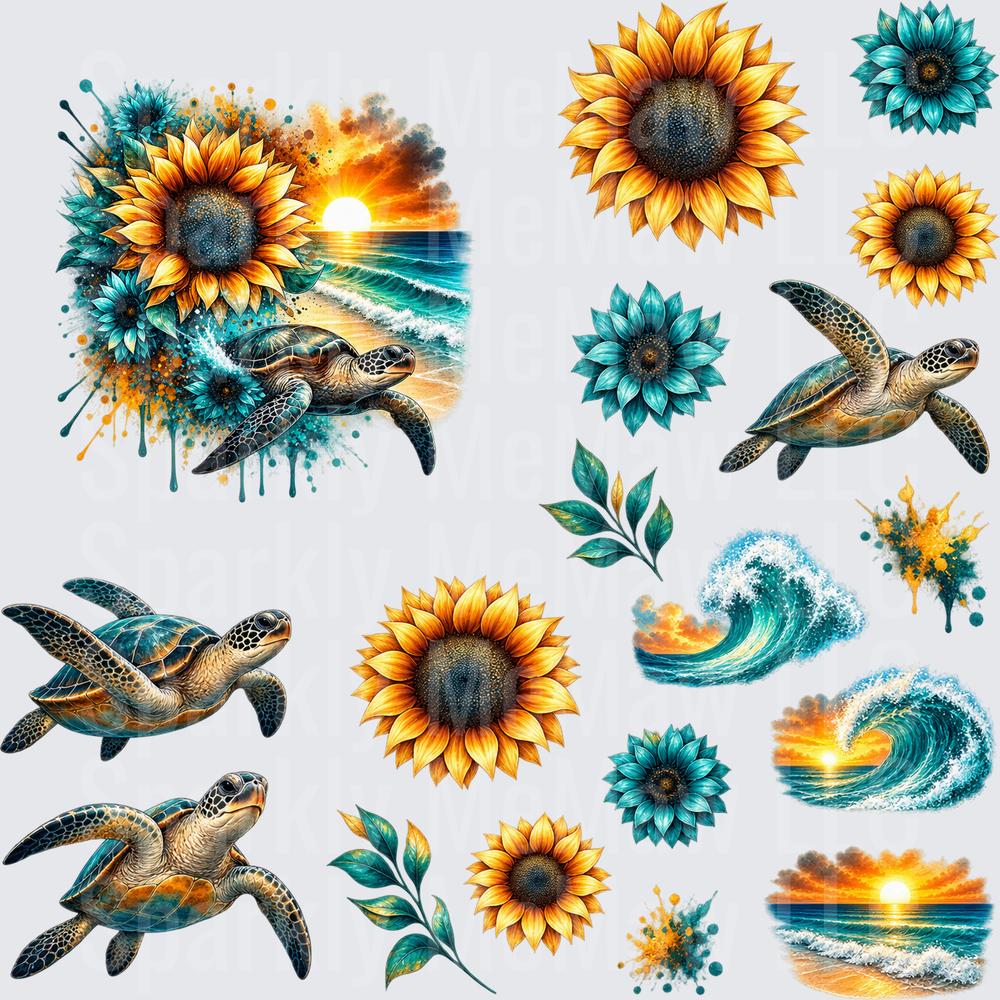 Sea Turtles Sunflowers Ocean Sunset is a 10X10 uv dtf full sheet