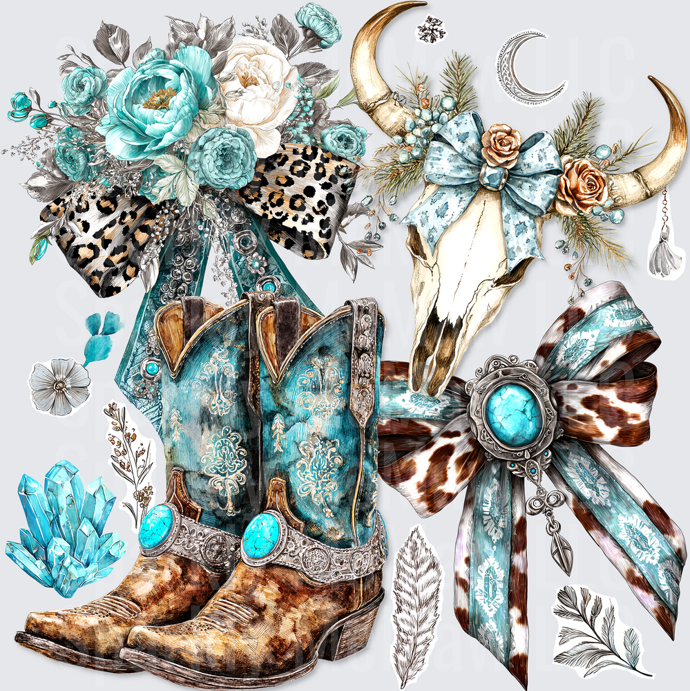 Turquoise Western Cowboy Boots Bull Skull Leopard Bows Boho Design UV DTF Decal