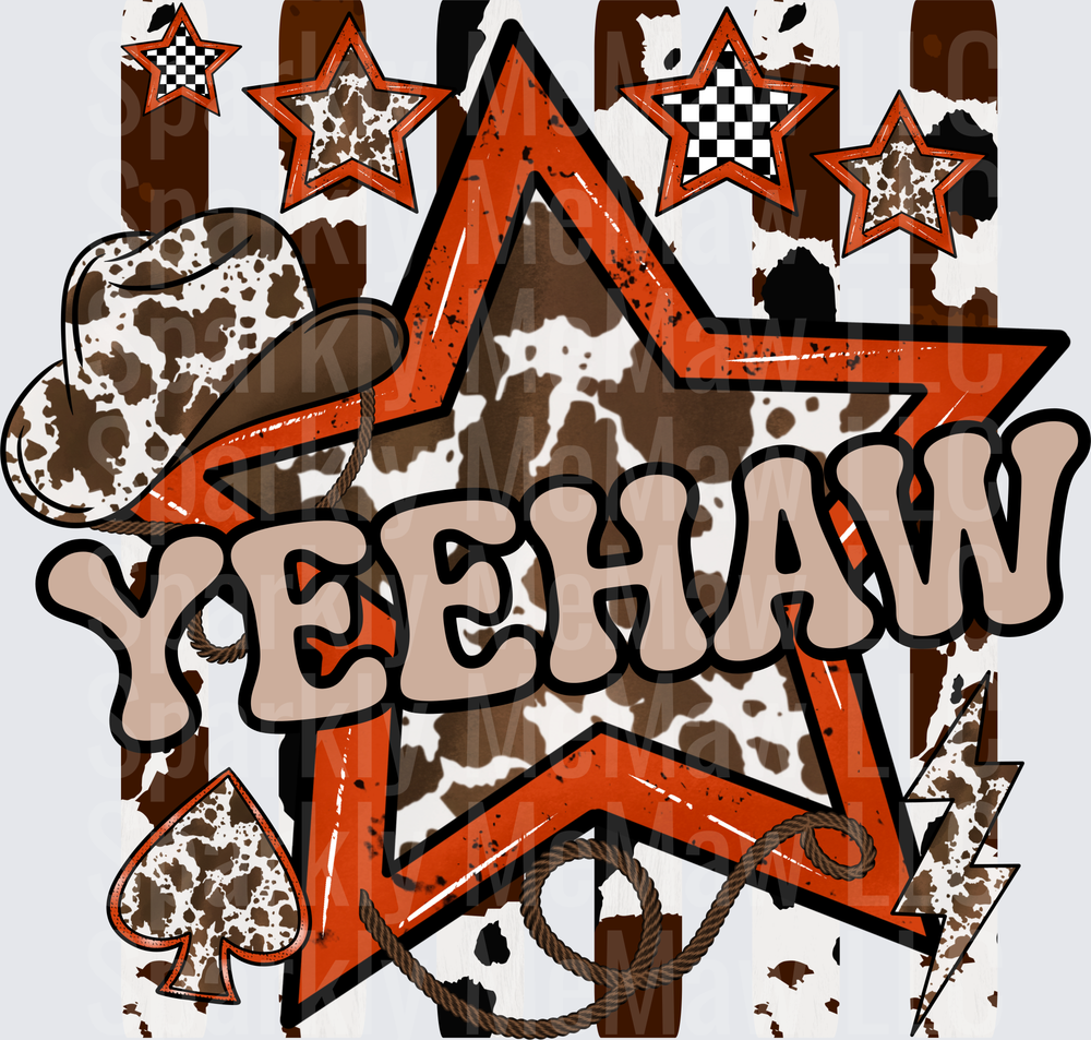 YEEHAW Western Cowboy Hat Stars Spades Lasso Brown Orange UV DTF Decal