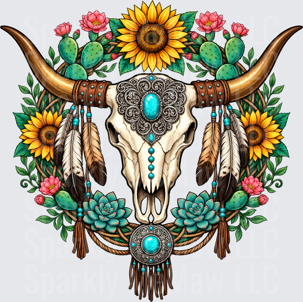 Boho Bull Skull Floral Western is a DTF Transfer for Fabrics